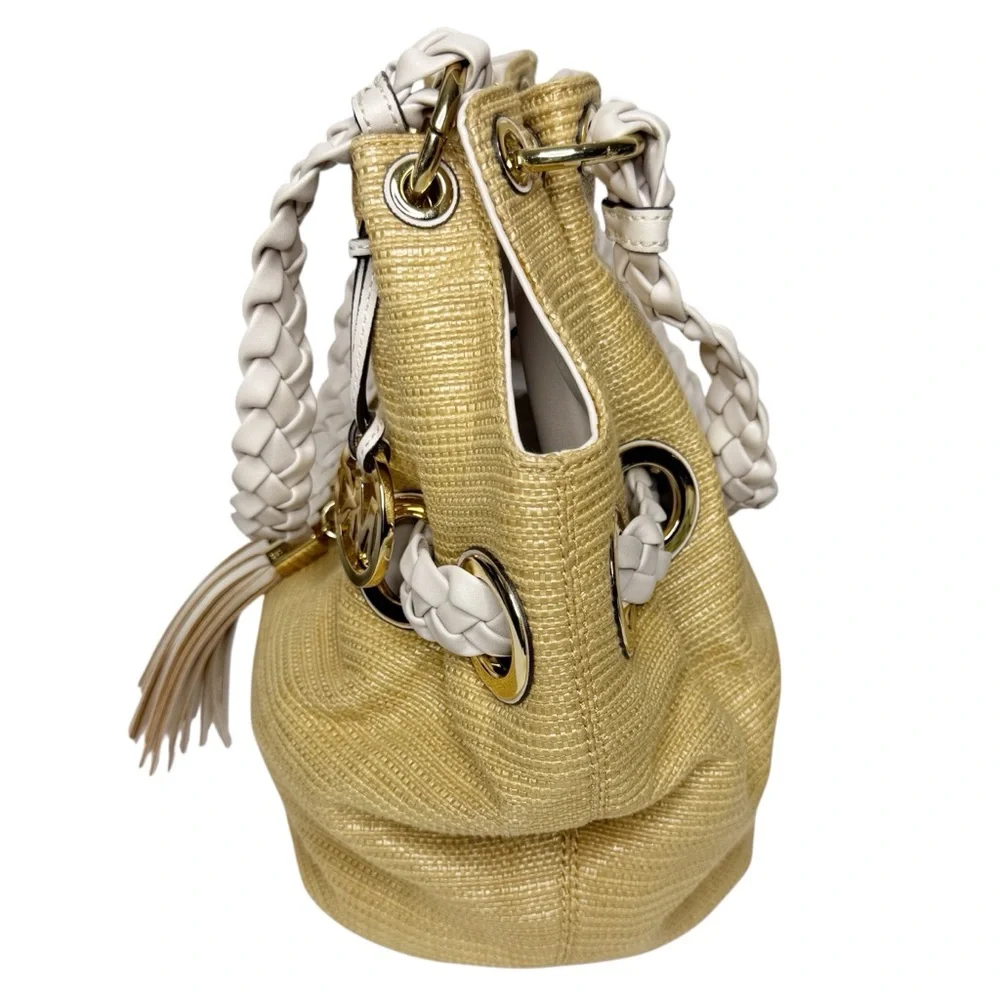MICHAEL KORS Carlton Straw Braided Leather Hobo Gold Tassel‎ Bag Large